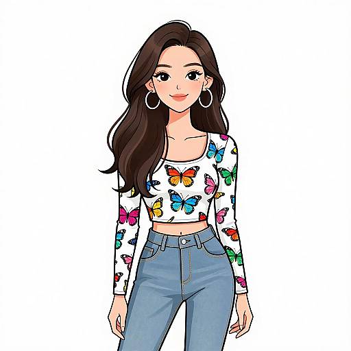 Digital illustration of a smiling woman with long dark hair, wearing a white, long-sleeve crop top with colorful butterfly patterns, and high-wa