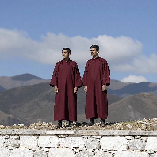 Two Men in Maroon Robes on Hilltop