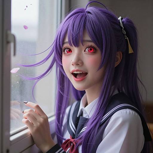Digital anime-style portrait of a girl with long purple hair, red eyes, and a school uniform, smiling by a window.