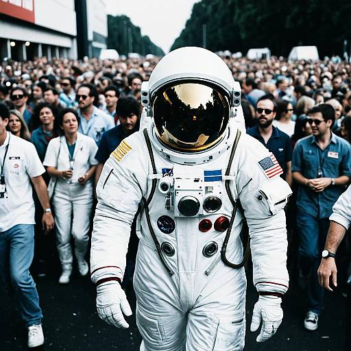 Photograph of a person in a full white astronaut suit with reflective helmet, walking through a crowded parade, surrounded by spectators in casual attire.
