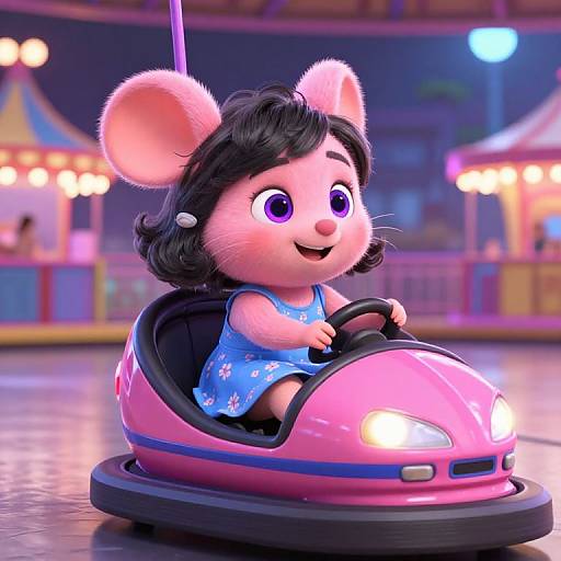 CGI image of a cute, pink-furred, cartoon mouse girl with black hair, wearing a blue floral dress, riding a pink go-kart