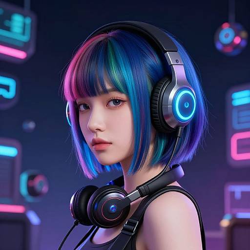 Digital art of a young Asian woman with vibrant blue and pink bob haircut, wearing black headphones with glowing blue circles, in a neon-lit futuristic background
