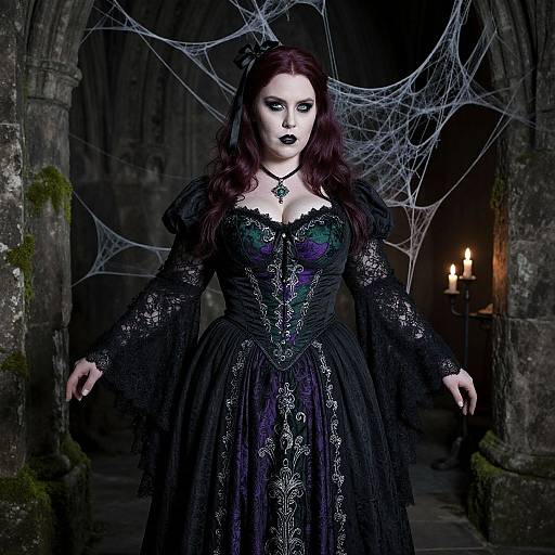 Gothic vampire woman in black lace dress with spider web hairpiece, pale white face, dark lipstick, standing in dark, mossy, candle