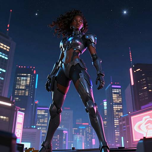 CGI image of a dark-skinned woman with curly hair in futuristic, metallic armor standing confidently in a neon-lit, cyberpunk cityscape at