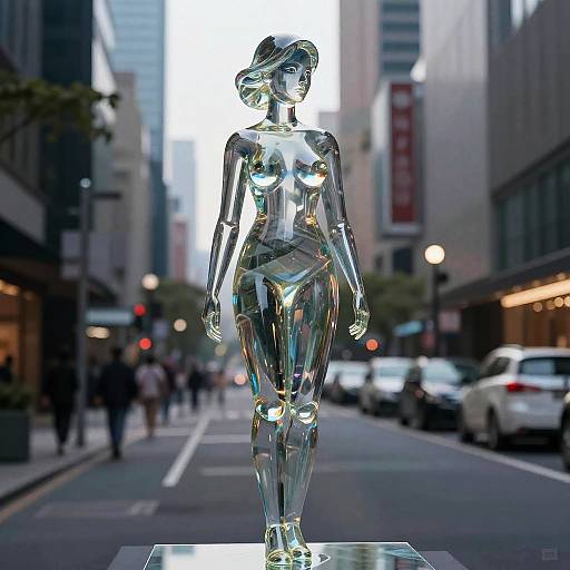Photograph of a reflective, silver, nude female statue with a bun hairstyle, standing on a city street at dusk, surrounded by blurred pedestrians and parked