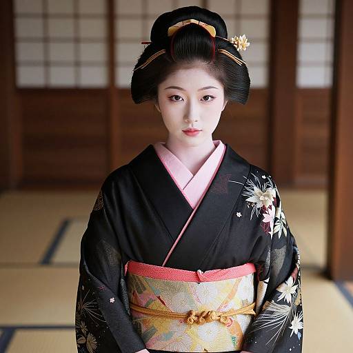 Photograph of a Japanese woman in a black kimono with floral patterns, gold obi, and traditional black hair ornament, standing in a traditional wooden