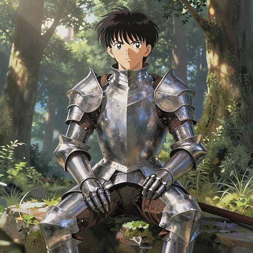 Digital anime-style illustration of a young man with black hair, wearing shiny silver armor, sitting in a sunlit forest clearing.
