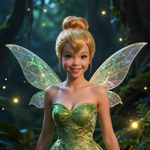 CGI image of a smiling fairy girl with blonde hair in a bun, green sparkling strapless dress, and iridescent wings, set in a