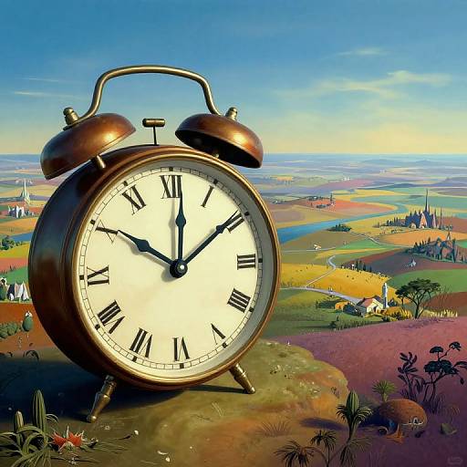 Vintage-style brass alarm clock with black Roman numerals on a colorful, surreal landscape of rolling hills, rivers, and scattered buildings under a clear blue sky