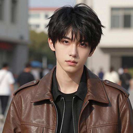 Handsome Young Asian Man in Brown Leather Jacket