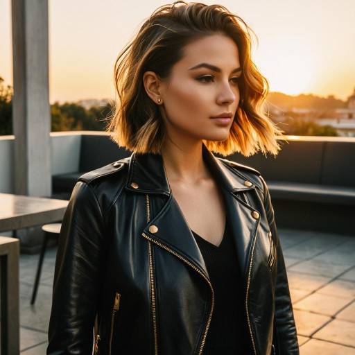 Young Woman with Temple Fade Hairstyle and Leather Jacket at Sunset