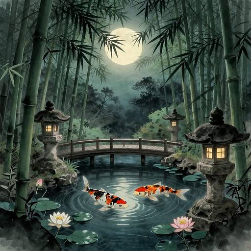 Digital painting: Moonlit bamboo forest with stone lanterns, a wooden bridge, and a pond with koi fish and lotus flowers.