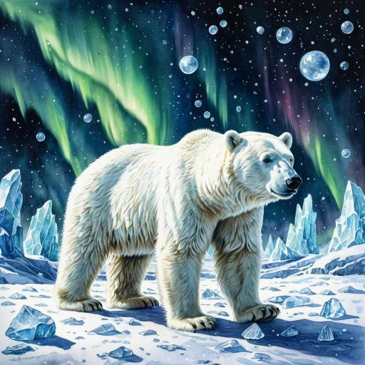Surreal Polar Bear Under Aurora Borealis