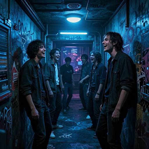 Photograph of a dimly lit, graffiti-covered alley at night, featuring six laughing men in dark clothes, under blue neon lights.