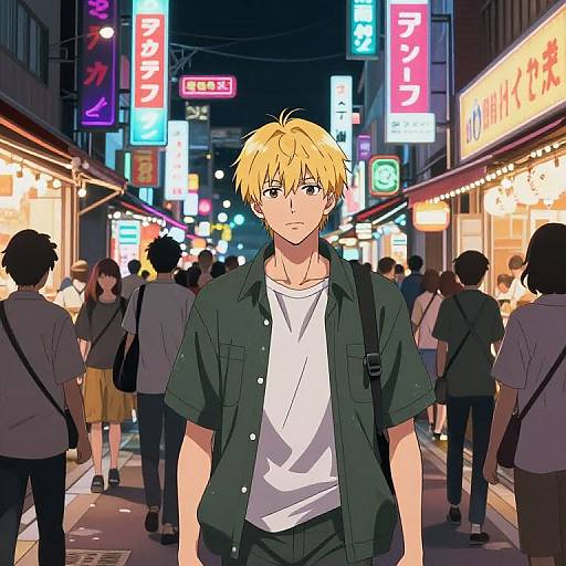 Anime-style digital illustration of a blonde, blue-eyed young man in a green shirt and white tee, walking through a vibrant, neon-lit urban street
