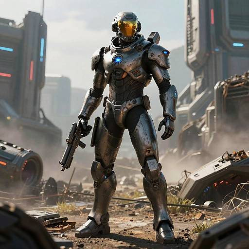 Photorealistic CGI of a futuristic, armored soldier with a yellow-tinted helmet, holding a gun, standing in a ruined, dystopian city