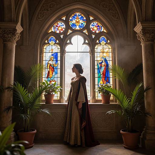 Photograph of a silhouetted woman in a long gown, standing before a large, ornate stained-glass window with vibrant religious figures,
