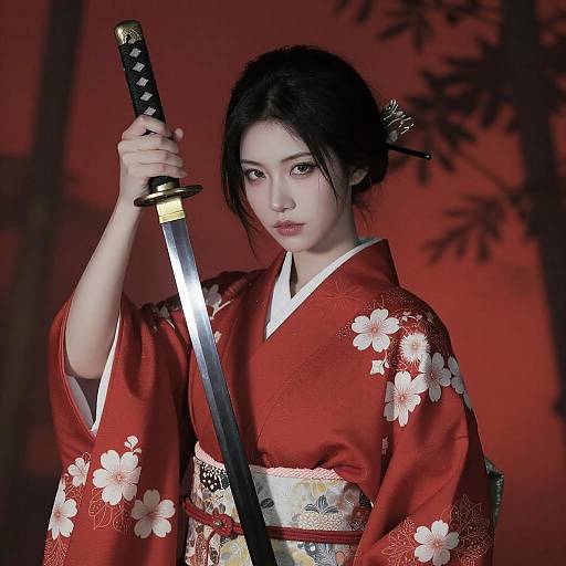 Asian Woman in Red Kimono with Katana