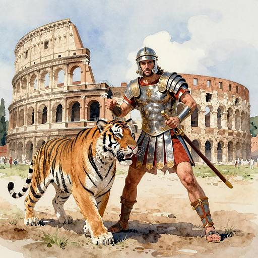 Roman Gladiator with Tiger in Colosseum