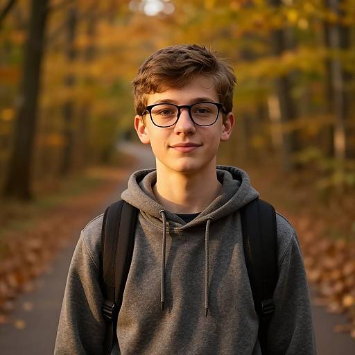 Photograph of a young man with brown hair, glasses, wearing a gray hoodie and backpack, standing on a leaf-covered path in a forest with autumn
