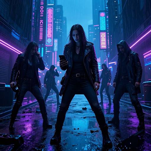 Cyberpunk street fight: Wet, neon-lit alleyway with four muscular men in black leather jackets, long hair, and intense expressions, surrounded