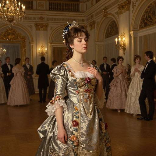 Photograph of a young woman in an elaborate, silver, floral-embroidered ball gown with a tiara, standing in a grand, orn