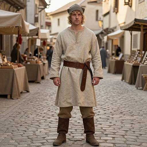 Photograph of a bearded, blonde man in medieval garb: beige tunic, brown belt, cap, boots, standing on cobblestone