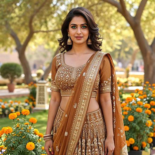 Photograph of a beautiful Indian woman in a gold-sequined brown traditional outfit, standing in a sunlit garden with orange marigolds.