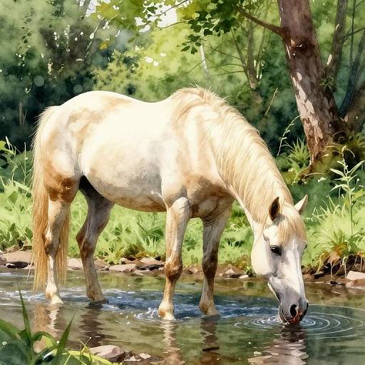 Digital painting of a white pony with a light mane drinking from a sunny, grassy stream, surrounded by lush green trees.