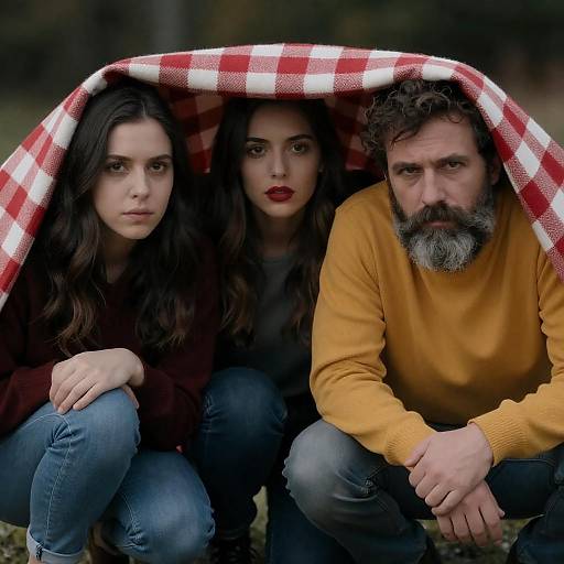 Crouched Trio Under Checkered Blanket