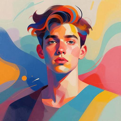 Digital portrait of a young man with short, wavy brown hair, illuminated by vibrant blue, orange, and pink abstract background.