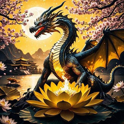Celestial Dragon on Golden Lotus with Cherry Blossoms