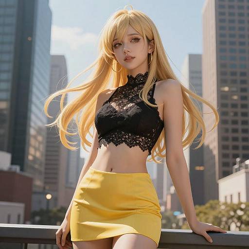 Blonde Woman in Black Lace Top and Yellow Skirt in Urban Setting