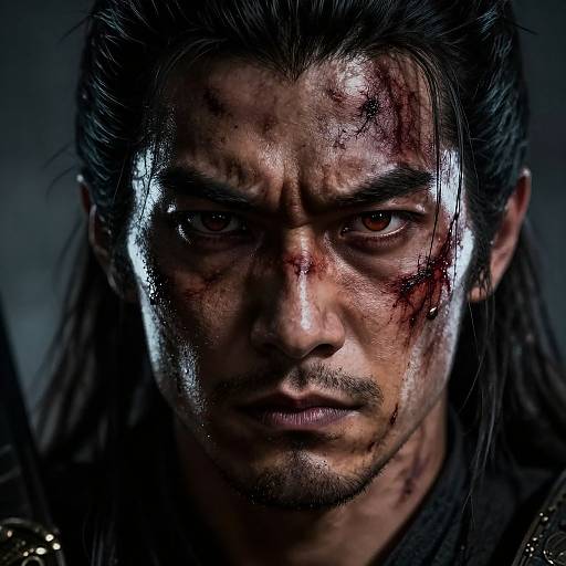 Photograph of a bloodied, intense-eyed, dark-haired man with long hair, wearing dark clothing, staring forward with a grim expression. Dramatic