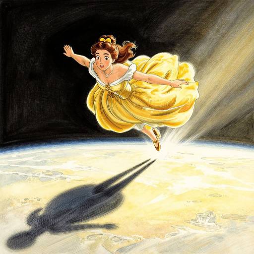 Cartoon-style drawing of a joyful woman with brown hair in a yellow dress, leaping on a spotlighted stage with a long shadow.