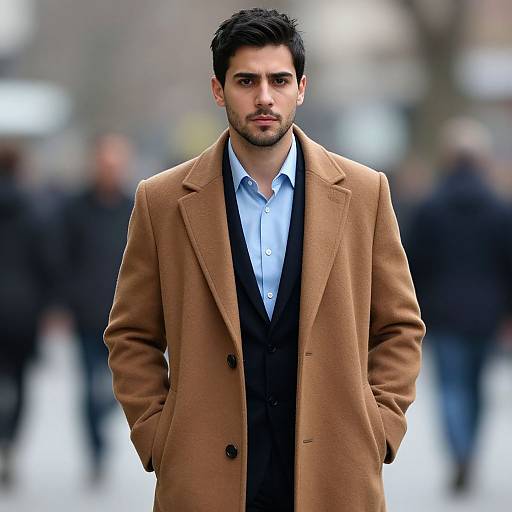 Photograph of a handsome young man with dark hair and beard, wearing a tan coat, black vest, and blue shirt, standing confidently in a blurred