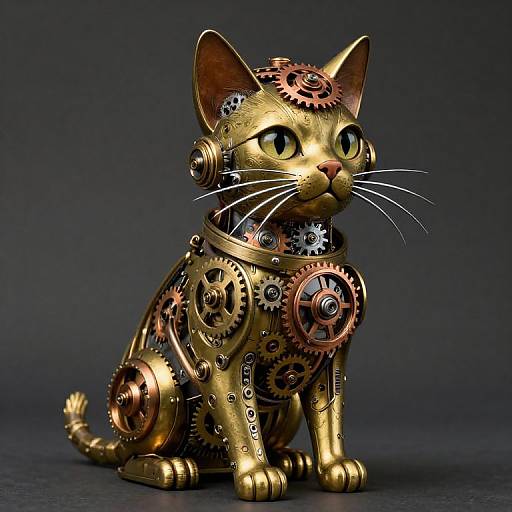 Steampunk-style gold cat statue with intricate copper gears and cogs, sitting on dark background. Detailed mechanical design with large green eyes. Photoreal