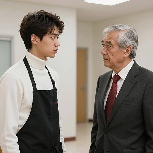 Serious Conversation Between Young Worker and Older Man Indoors