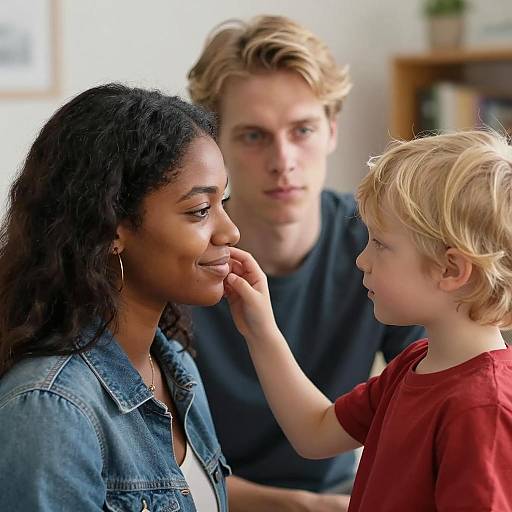 Child Touching Woman's Face with Man Watching