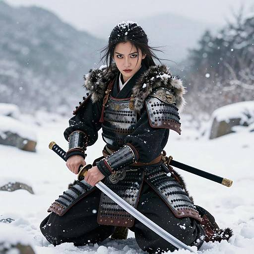 Digital artwork of a fierce, black-haired samurai woman in armor, kneeling in snowy landscape, gripping a sword with determined expression.