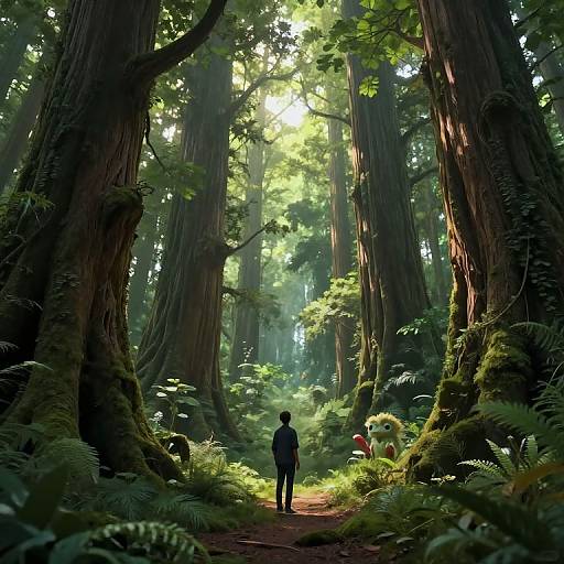 Digital art of a lone figure standing on a sunlit forest path surrounded by towering redwoods, lush greenery, and sunlight filtering through the canopy.