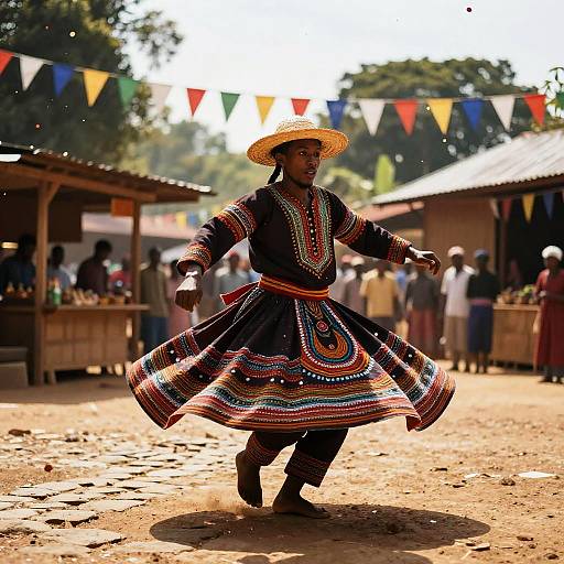 Photograph of a traditional African dancer in colorful, embroidered dress and straw hat, mid-dance in a sunlit village market.