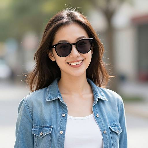 Photograph of a smiling woman with straight brown hair, wearing black sunglasses, a blue denim jacket, and white top, standing outdoors with a blurred,