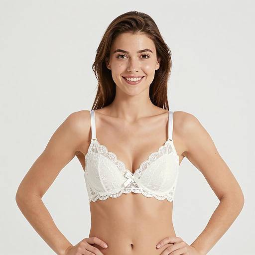 Cheerful Woman in White Lace Bra