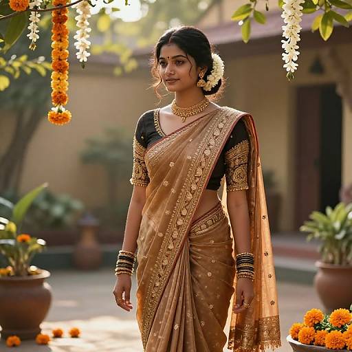 Photograph of a beautiful Indian woman in a gold and black traditional saree, adorned with jewelry, standing in a sunlit garden with marigold