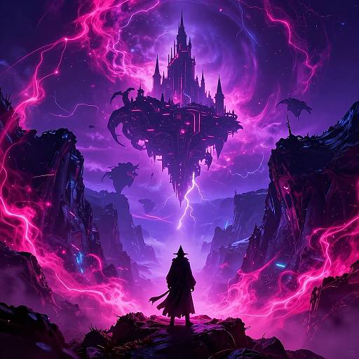 Digital fantasy artwork: Silhouetted figure in cloak stands before glowing, purple and pink lightning-encircled floating castle in rocky, mountainous