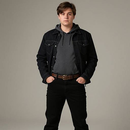 Photograph of a young man with short brown hair, wearing a black denim jacket, black hoodie, black pants, and brown belt, standing with hands