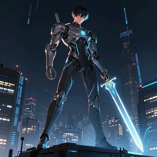 Cybernetic warrior with glowing blue sword stands on rooftop, city skyline illuminated at night. Digital art, futuristic, neon lights.