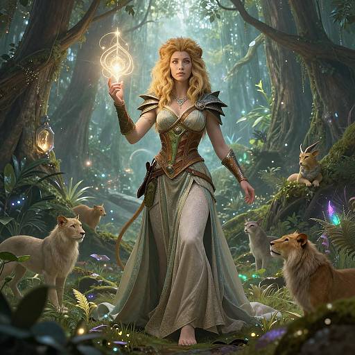 Digital fantasy artwork of a blonde woman in a green and gold, armored dress, holding a glowing orb, surrounded by mystical forest, illuminated by fireflies