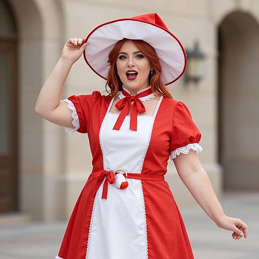 Photograph of a red-haired woman in a red and white Little Red Riding Hood costume, smiling, adjusting her wide-brimmed hat outdoors. Bl
